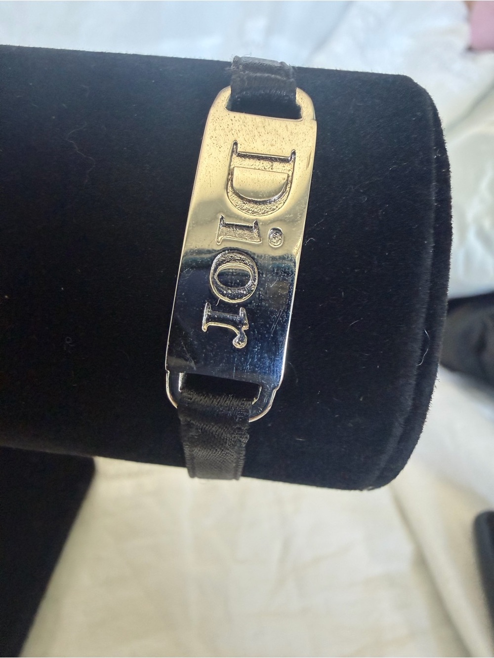 Dior Women’s  Black Ribbon Bracelet with Silver Logo Plate